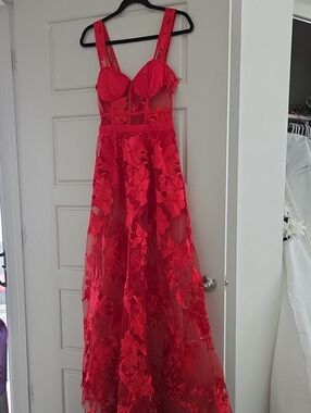 AKIRA Red Floral Appliqué Illusion Corset Dress